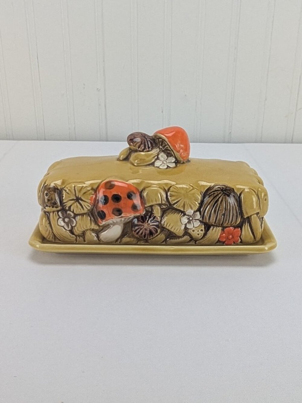 Vintage Fred Roberts MCM Mushroom Ceramic Butter Dish with Lid Whimsical Retro
